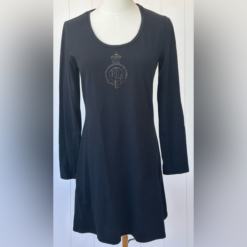 Lauren Ralph Lauren Tee Shirt Dress with Beaded Logo Long Sleeves Size Medium